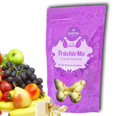 Früchtemischung in weißer Schokolade